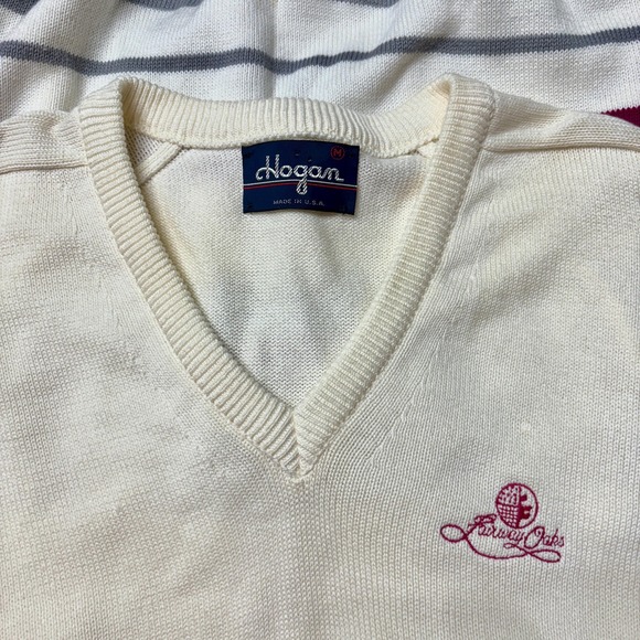 Cute Creamy Colored 90s Cotton Knit V-Neck Horizontal Striped Sweater Medium M - Picture 10 of 11